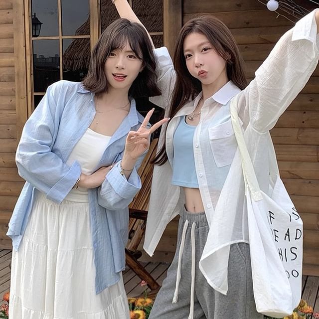 Duwnie-Long-Sleeve Button-Up Plain Shirt