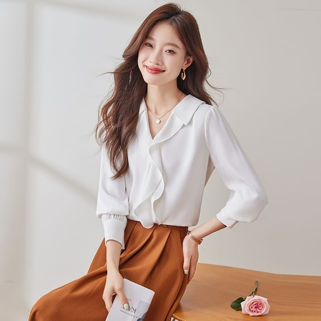 Skyheart-Long Sleeve V-Neck Plain Ruffle Blouse
