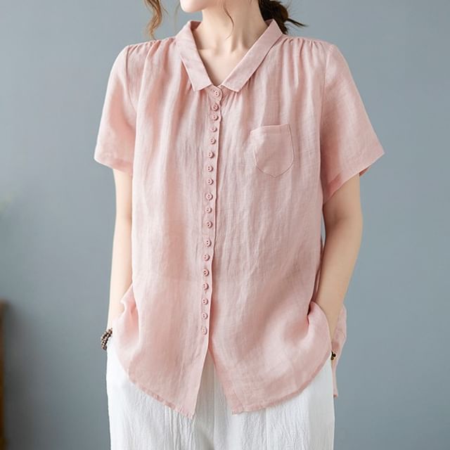 MIKIGA-Short-Sleeve Pocketed Plain Shirt