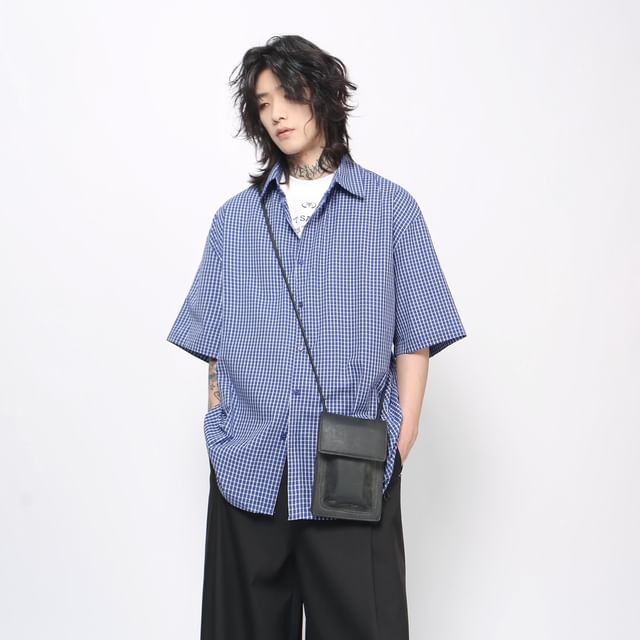 Derbundy-Short Sleeve Drop Shoulder Collared Plaid Oversized Button Up Shirt