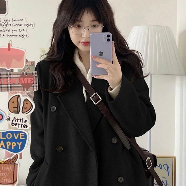 Everose-Notch Lapel Plain Midi Double Breasted Coat