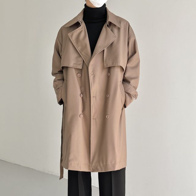 DAZO Studios-Double Breasted Plain Long Trench Coat