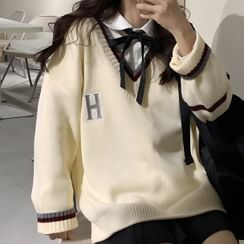 Shinsei - Pocket Detail Shirt / Letter Embroidered V-Neck Sweater Shinsei - Pocket Detail Shirt / Letter Embroidered V-Neck Sweater