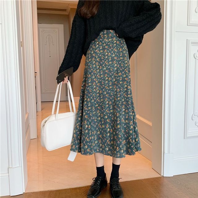 TINTON Corduroy Floral Midi Skirt YesStyle