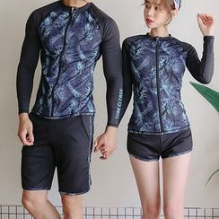 Oceanid - Couple Matching Leaf Print Long-Sleeve Zip Rashguard / Tankini / Swim Shorts / Set