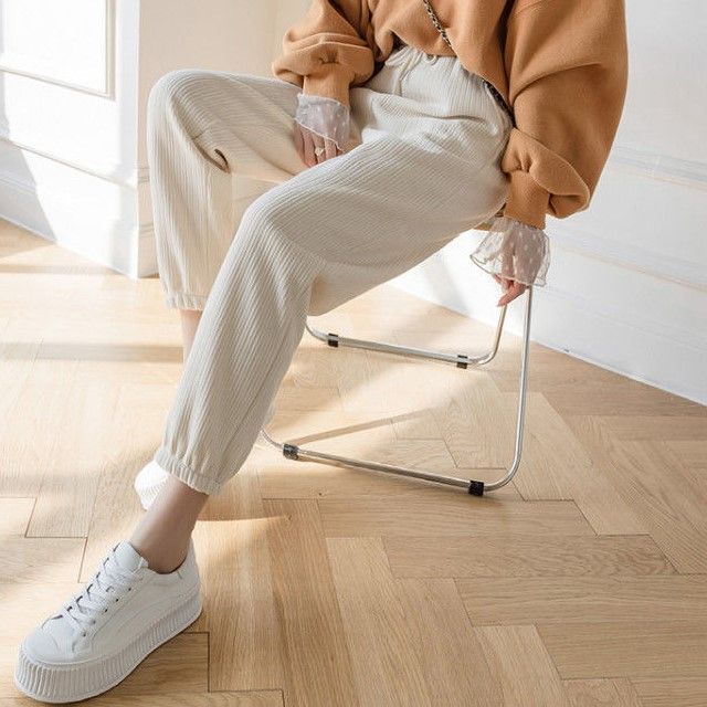 CRIBI-High Waist Plain Ribbed Fleece-Lined Sweatpants