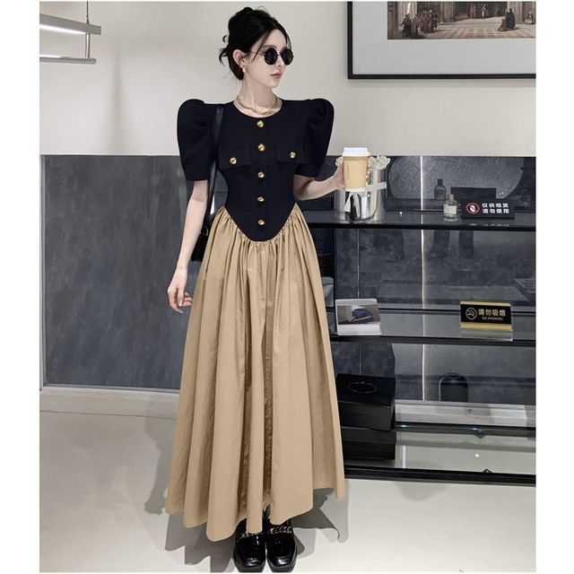 【nene】puffy ocasion dress NENE - Puff Sleeve Crew Neck Button Gathered A-Line Dress (Various