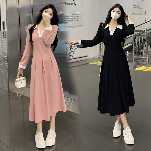 chinese dress ladies Pleated Collared Long Sleeve Midi Dress – English Factory main image 0
