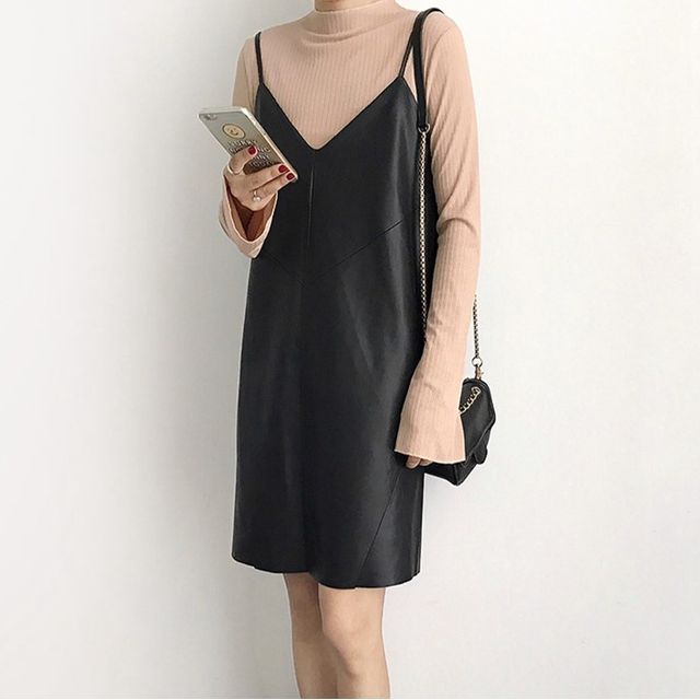 white sheer festival dress VENUS Faux Leather Mini Dress | Jet Black main image 1