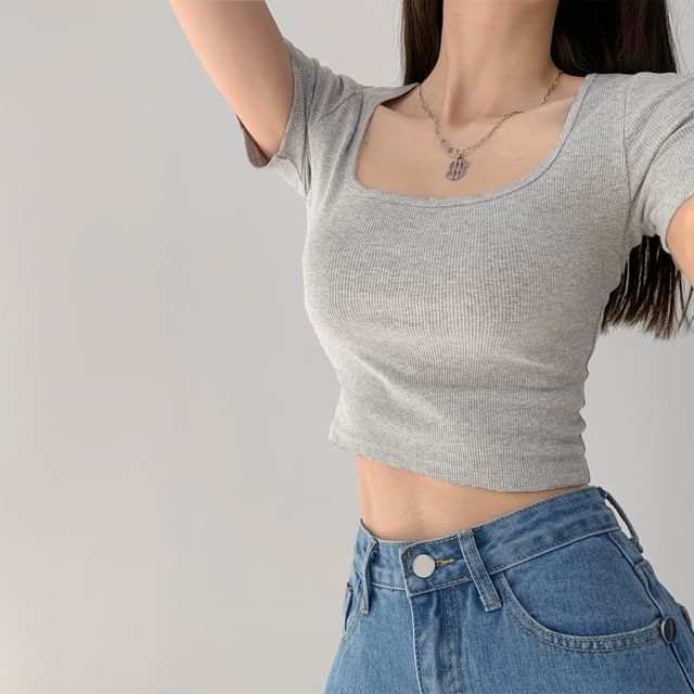 Shira - Square-Neck Crop T-Shirt in 5 Colors | YesStyle