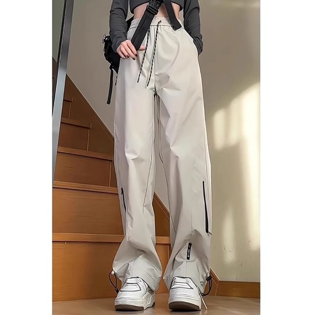 Blueforce-Drawstring Waist Plain Wide Leg Hiking Pants