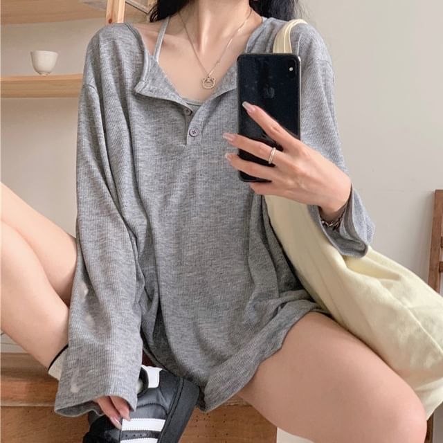 monroll-Long-Sleeve Plain Henley T-Shirt