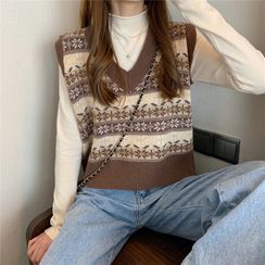 Mikiko - Long-Sleeve Mock-Neck Top / Nordic Pattern Sweater Vest Mikiko - Long-Sleeve Mock-Neck Top / Nordic Pattern Sweater Vest