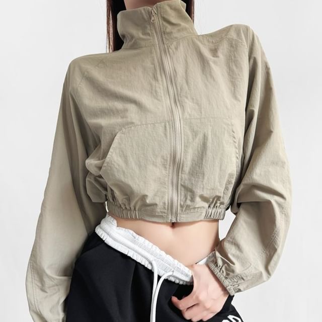Ulark-Stand Collar Plain Zip-Up Crop Jacket