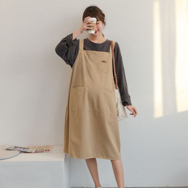 12th Tone - Maternity Plain Midi A-Line Overall Dress | YesStyle 12th Tone - Maternity Plain Midi A-Line Overall Dress | YesStyle