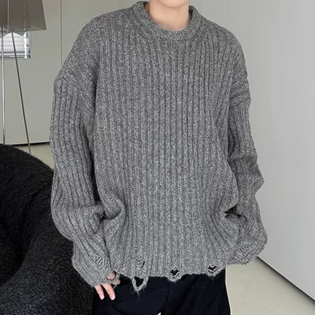 Trimecca-Round Neck Plain Distressed Ribbed Sweater