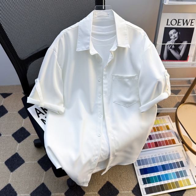 Plummie-34-Sleeve Pocketed Plain Shirt
