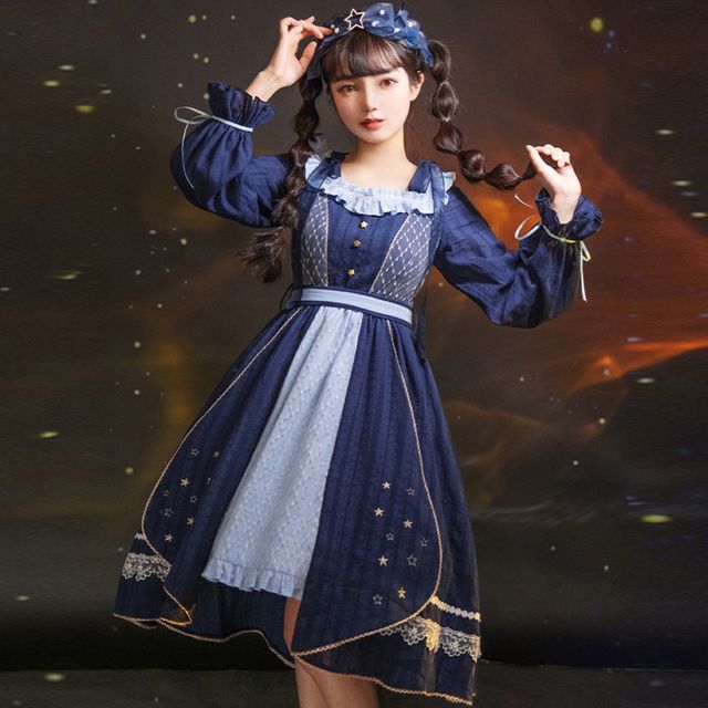 PUJI - Long-Sleeve Frill Trim Star Embroidered Midi A-Line Lolita Dress |  YesStyle
