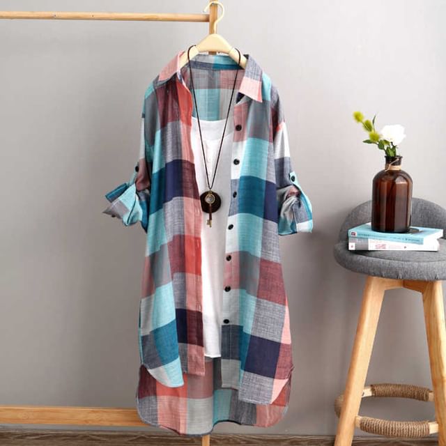 HYAKU-Tab-Sleeve Checked Long Shirt