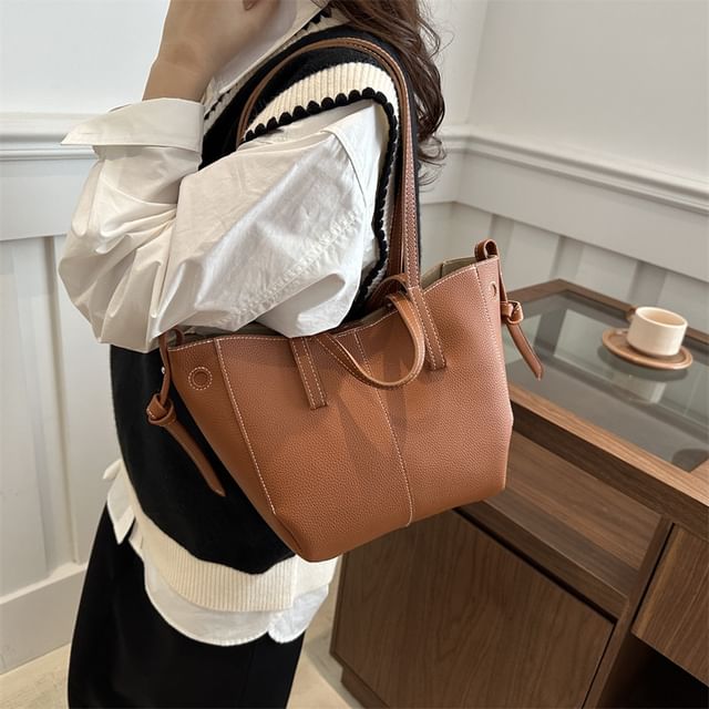 Mulgam-Plain Faux Leather Tote Bag