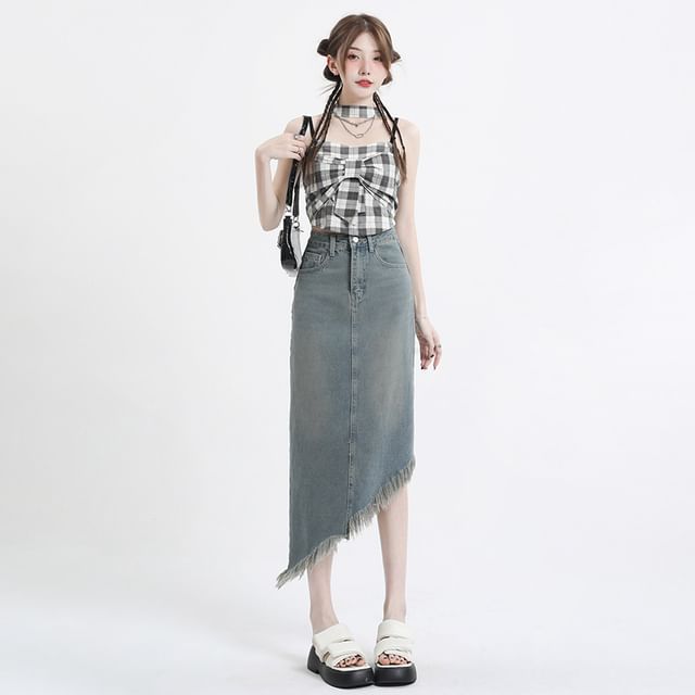 Denimot - High Rise Washed Fringe Midi A-Line Denim Skirt | YesStyle