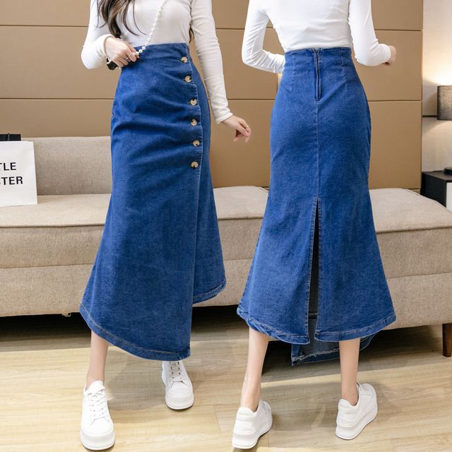 Yolandus High Rise Plain Asymmetrical Button Front Denim Midi