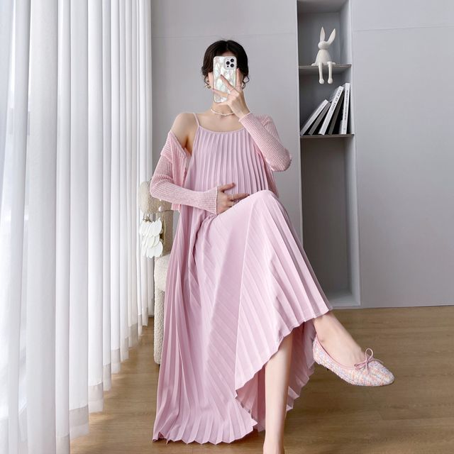 fitted lace wedding dress Mocha Ribbed Sleeveless Dress Cardigan Maternity Set – PinkBlush