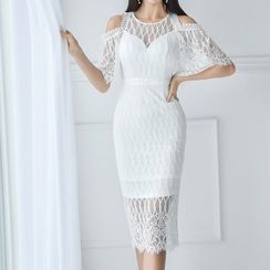 Maine - Cutaway-Shoulder Lace Sheath Dress Maine - Cutaway-Shoulder Lace Sheath Dress