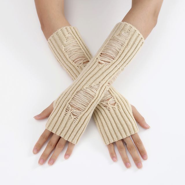 Kinoxslone-Plain Distressed Ribbed Knit Arm Sleeves