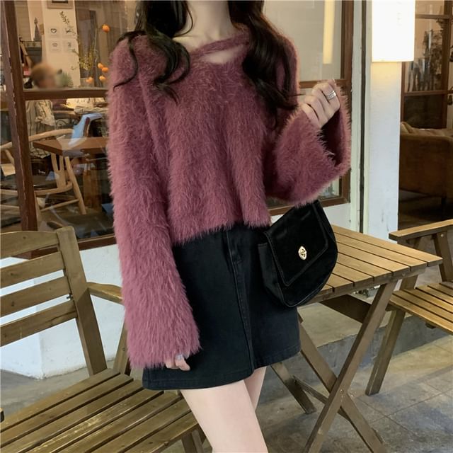 Sienne-V-Neck Plain Fluffy Sweater