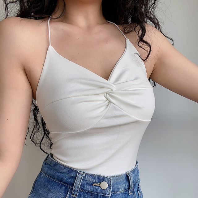 BERAN STUDIO-V-Neck Plain Crop Cami Top
