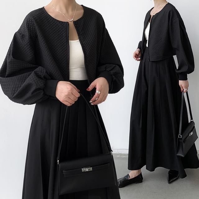 Supernova-Balloon Sleeve Round Neck Plain Zip Jacket
