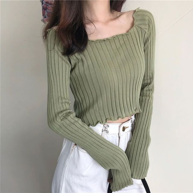 Sisyphi-Scoop Neck Plain Lettuce Edge Ribbed Cropped Sweater