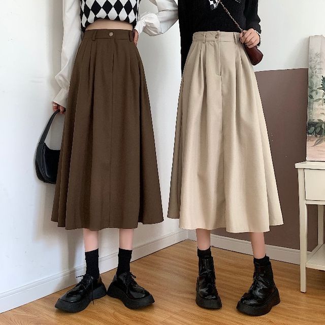 Omolon - High-Rise Plain A-Line Midi Skirt | YesStyle
