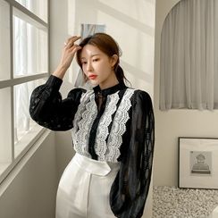 DABAGIRL - High-Neck Nude-Lace Blouse DABAGIRL - High-Neck Nude-Lace Blouse