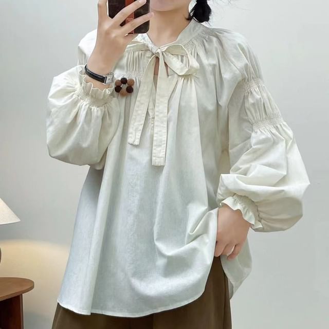 Suzette-Long-Sleeve Tie-Neck Plain Ruched Blouse