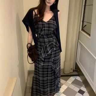 Bubapop Spaghetti Strap Plaid Asymmetrical Ruffle Trim Midi A-Line Dress Sale