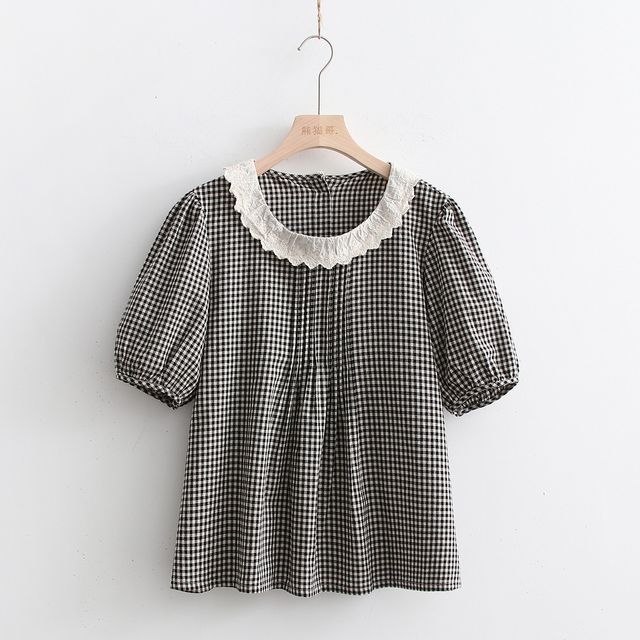 PANDAGO-Short-Sleeve Gingham Check Blouse