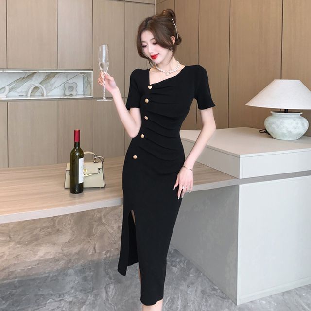 short sleeve asymmetrical dress Olive Round Neck Short Sleeve Asymmetrical Twist Jersey Dress