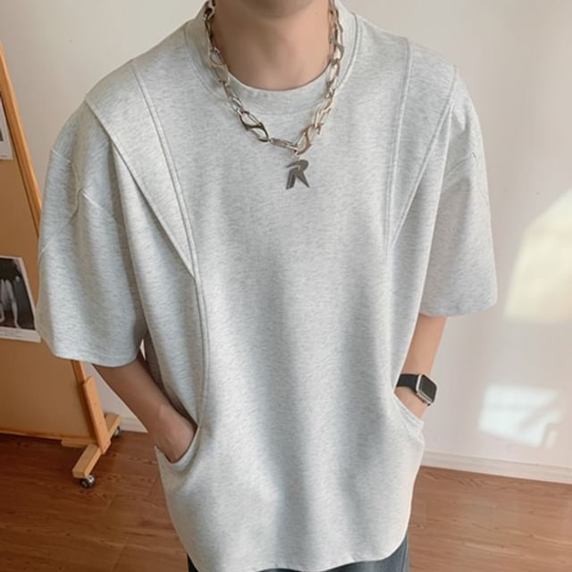 Mimiyox-Short Sleeve Crew Neck Plain Panel T-Shirt