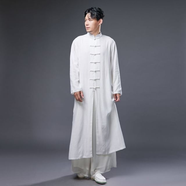 Sparrow Farm-Long-Sleeve Plain Front-Slit Frog-Button Hanfu Top