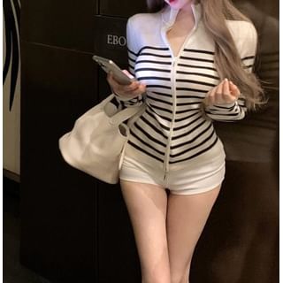 Mikiko-Stand Collar Striped Zip Jacket