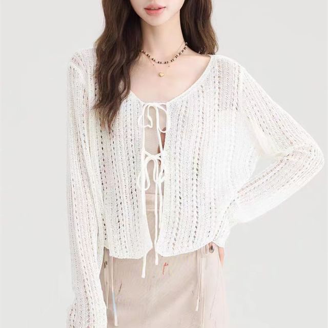 INEN-V-Neck Plain Perforated Tie Front Crop Cardigan