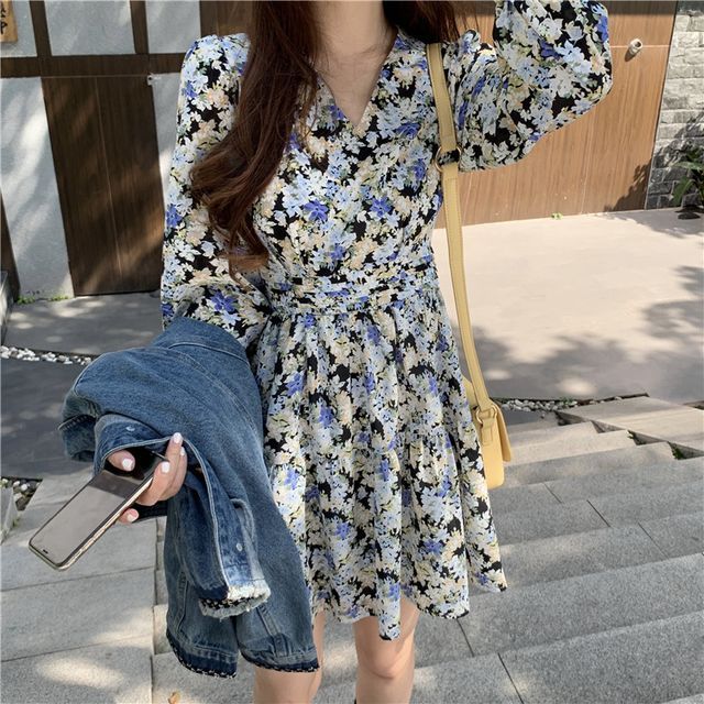 Lassika Floral Long-Sleeve A-Line Dress Denim Jacket YesStyle