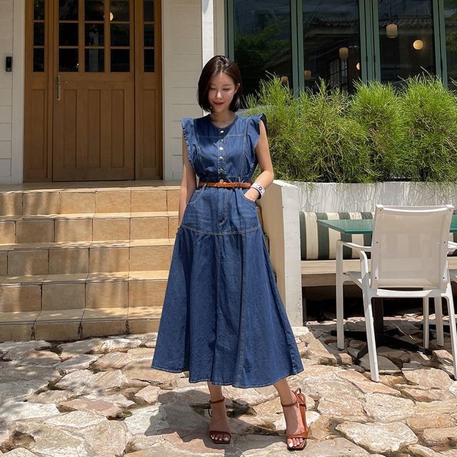DABAGIRL - Flared Long Denim Shirtwaist Dress | YesStyle