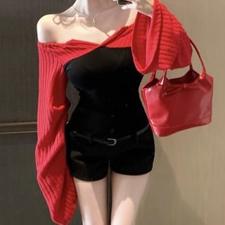 Trendycas-Long-Sleeve Off-Shoulder Two Tone Panel Knit Top