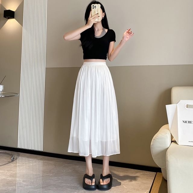 Luminato High Waist Plain Midi A-Line Skirt YesStyle