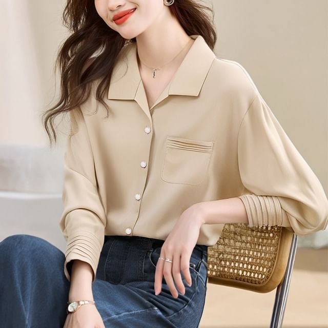 Dragan Pulse-Long-Sleeve Collared Pintuck Button-Up Plain Blouse