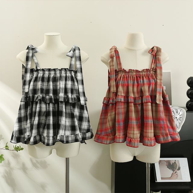 Lemongrass-Plaid Ruffled Crop Top