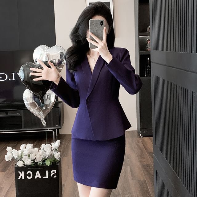 Skyheart-Shawl Lapel Plain Concealed Button Blazer High Rise Cropped Straight Leg Suit Pants Mini Pencil Skirt Long Sleeve V-Neck Plain Blouse Set